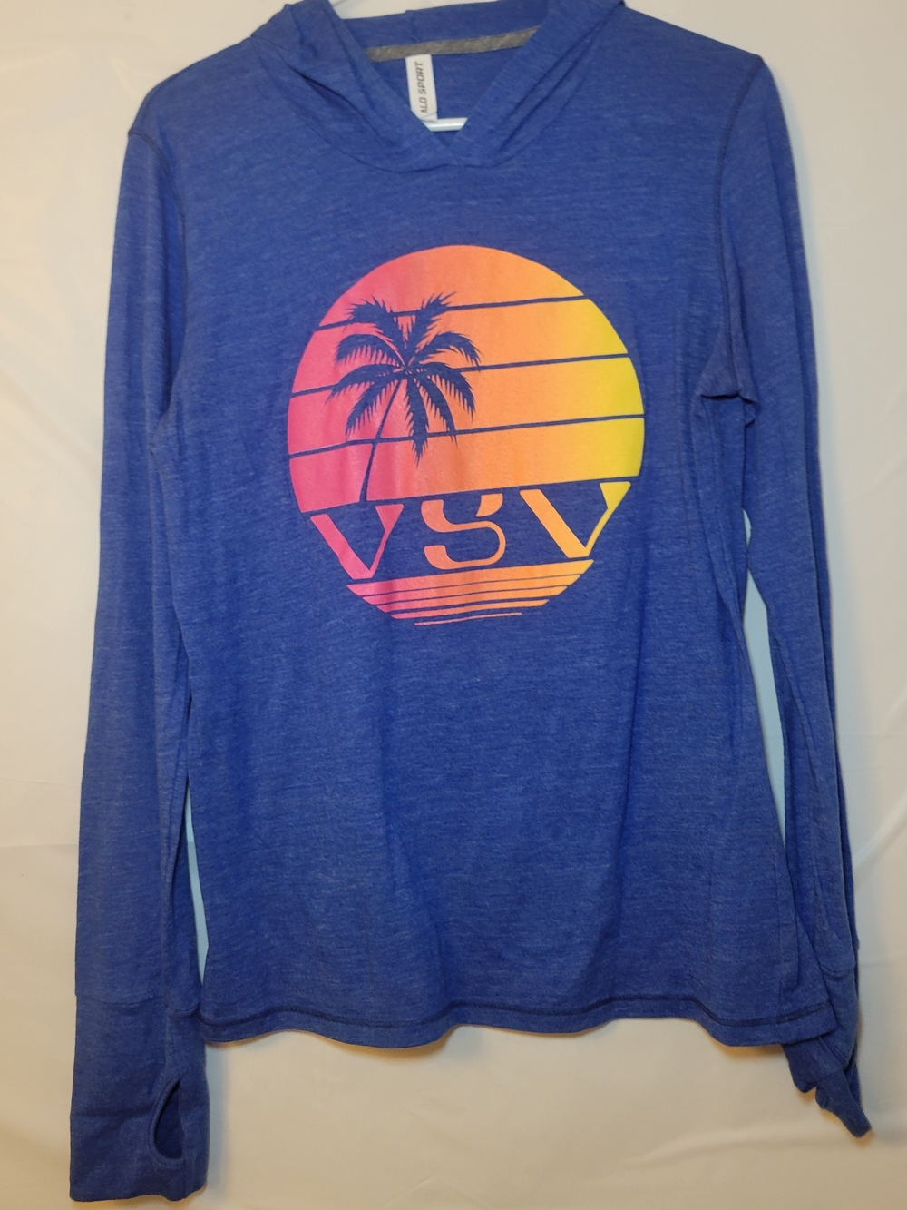 ALO Yoga Blue Hooded Long Sleeve Tee with Sunset Palm Print